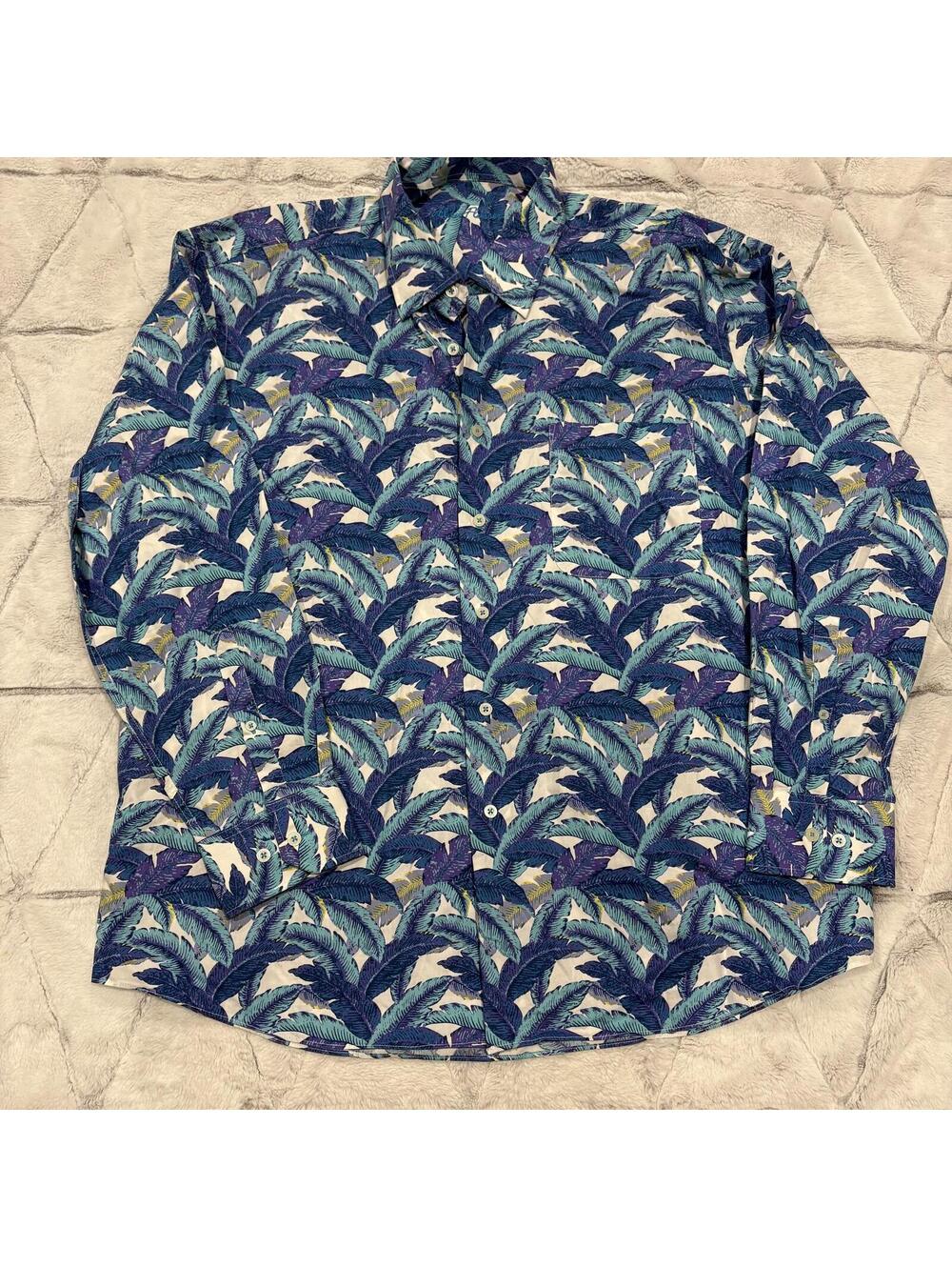 Alan Flusser Men's Blue Patterned Long Sleeve Button-Up Shirt Cotton XL Casual